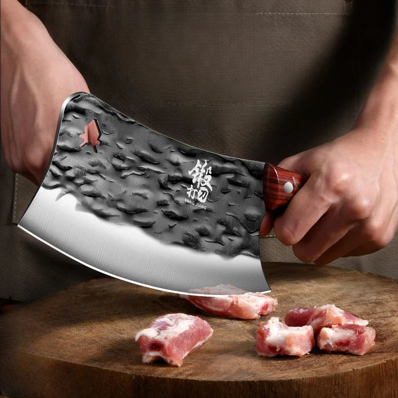 Forged Stainless Steel Bone Cleaver – Scimitar Kitchen Knife, Red Handle
