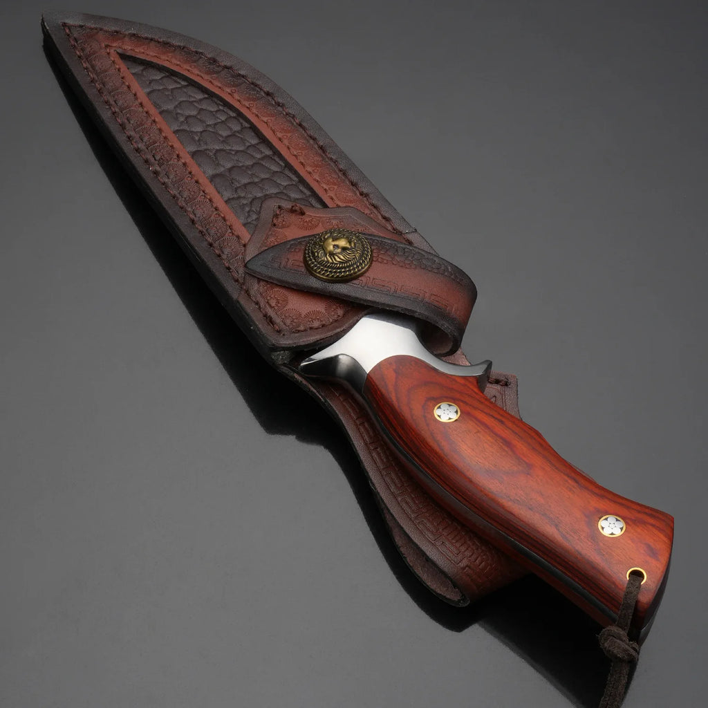 One high-end kitchen knife - a Japanese stainless steel chef's knife with a knife sheath and a wooden handle for slicing meat.