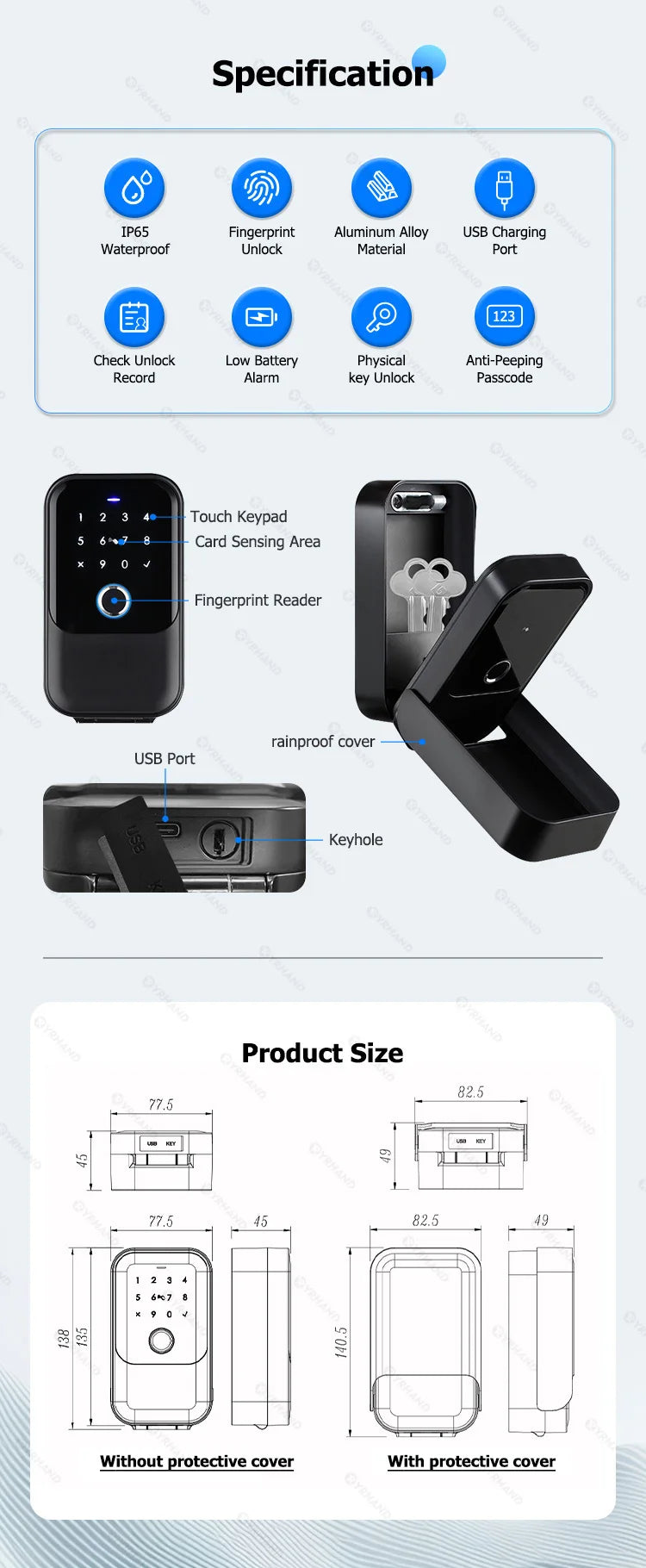 YRHAND TTlock password Smart Fingerprint Digital card Inteligente Tuya Electronic Portable IP66 Lock Boxes For Smart Home