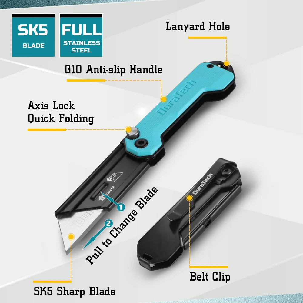 Duratechfoldingutilityknifecompactedcboxcutterwithg10handlebeltclipquickchangebl...
