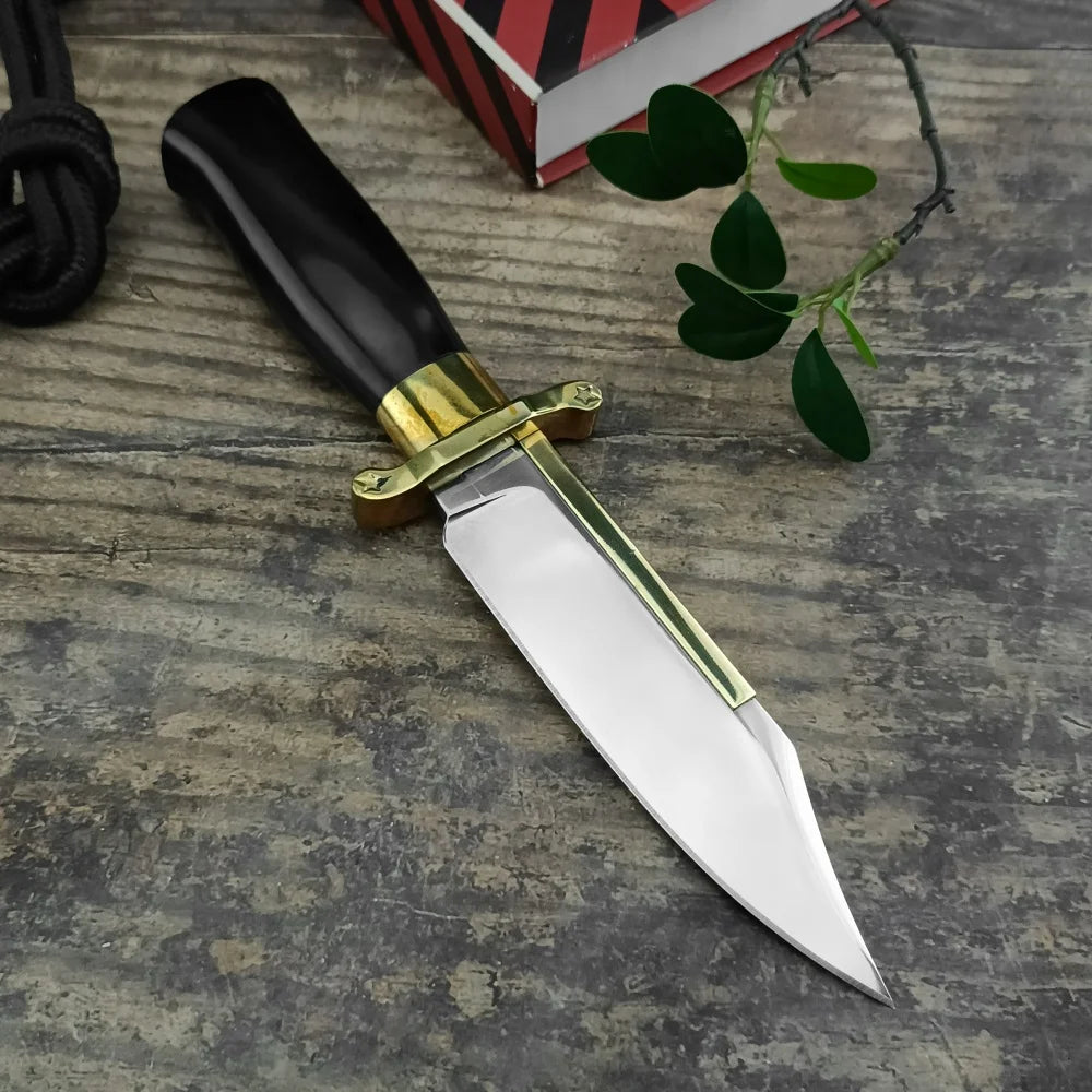 D2 Steel Tactical Fixed Blade Knife – Ebony & Brass Handle with PU Sheath