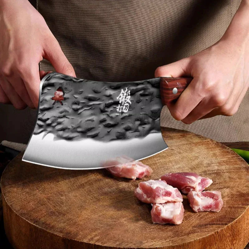 Forged Stainless Steel Bone Cleaver – Scimitar Kitchen Knife, Red Handle