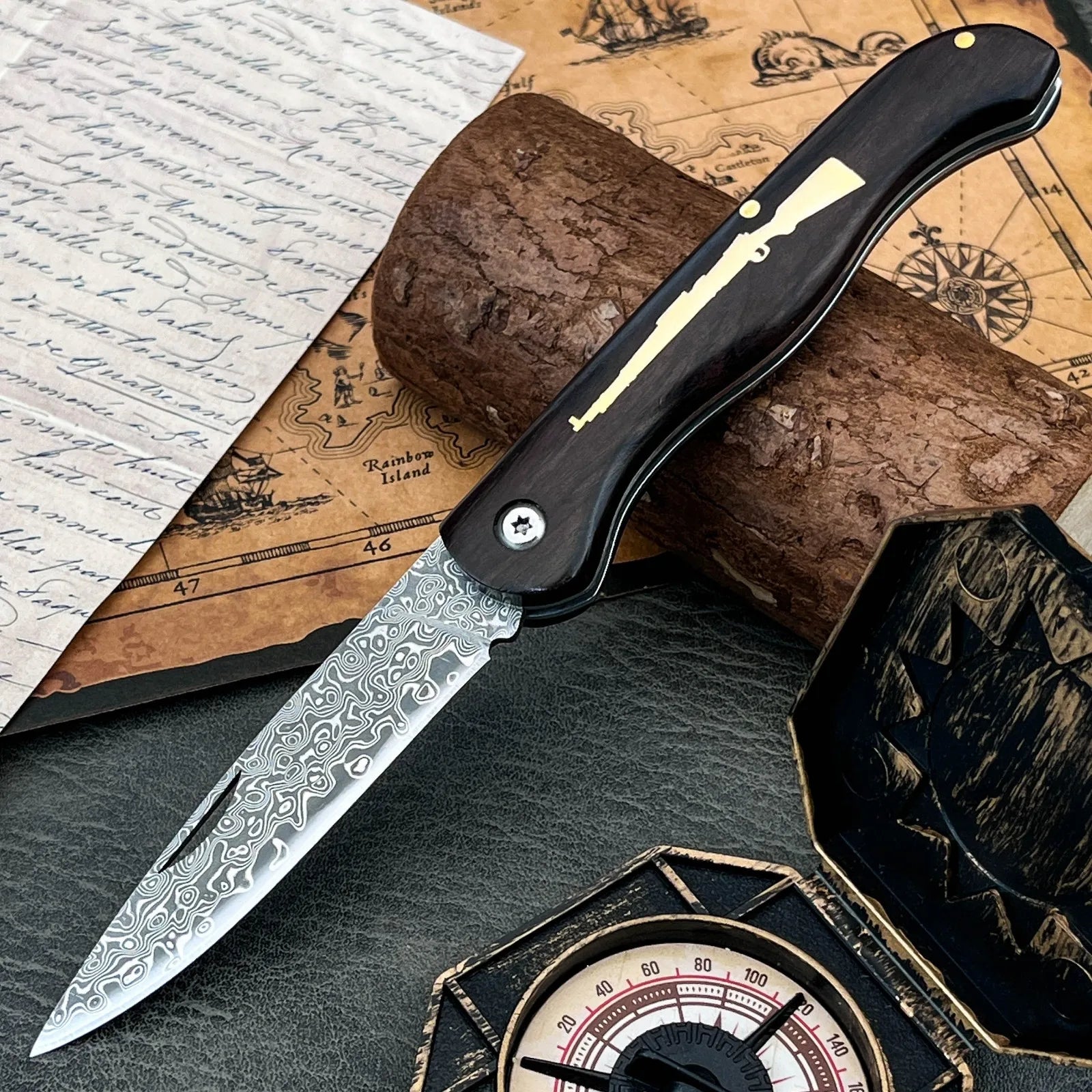 Damascus Folding Knife – Black Walnut Handle