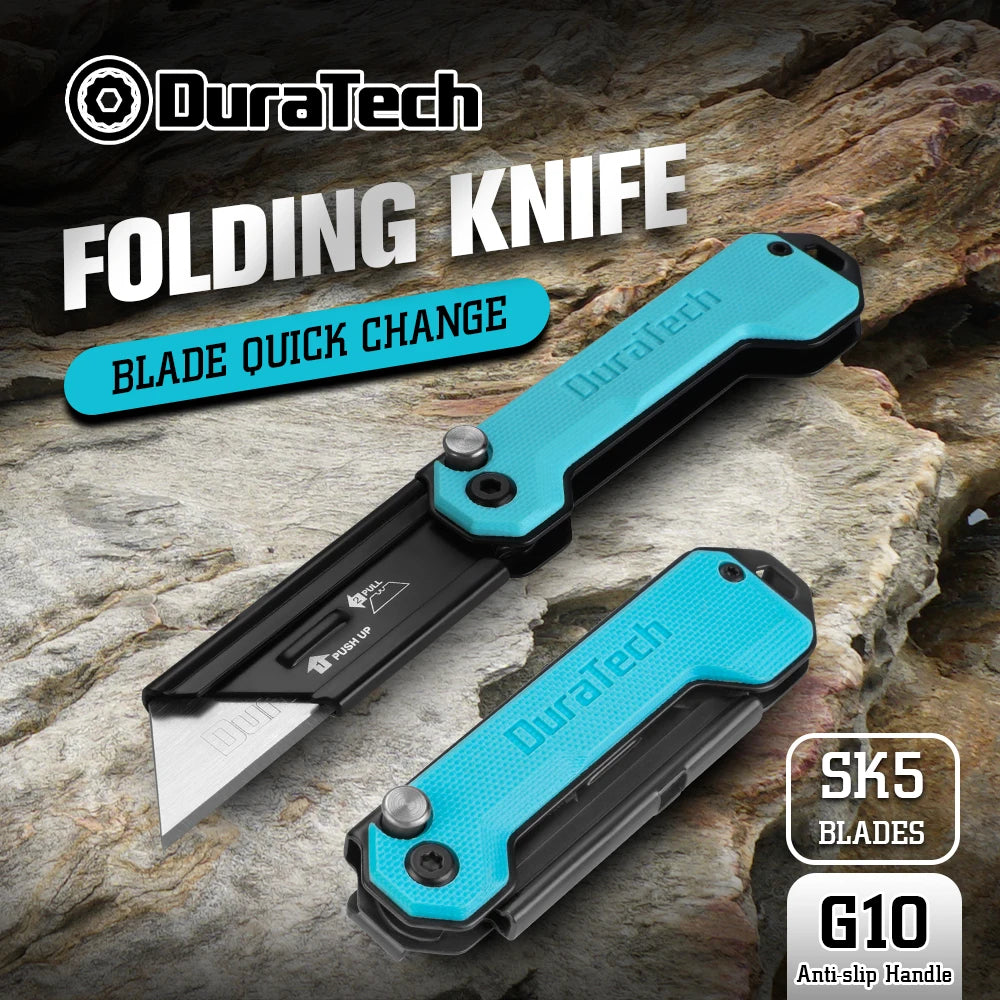 Duratechfoldingutilityknifecompactedcboxcutterwithg10handlebeltclipquickchangebl...