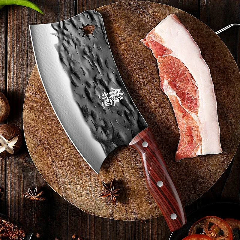 Forged Stainless Steel Bone Cleaver – Scimitar Kitchen Knife, Red Handle