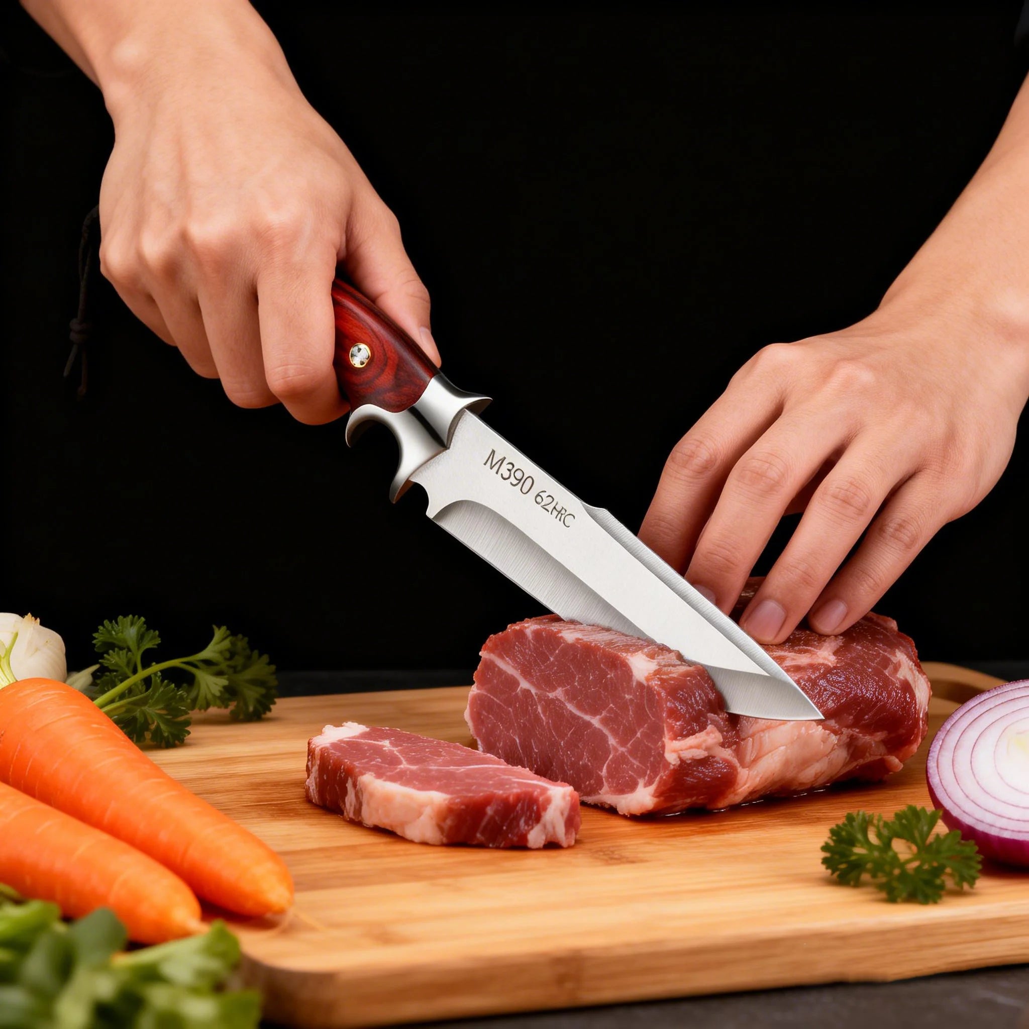 One high-end kitchen knife - a Japanese stainless steel chef's knife with a knife sheath and a wooden handle for slicing meat.