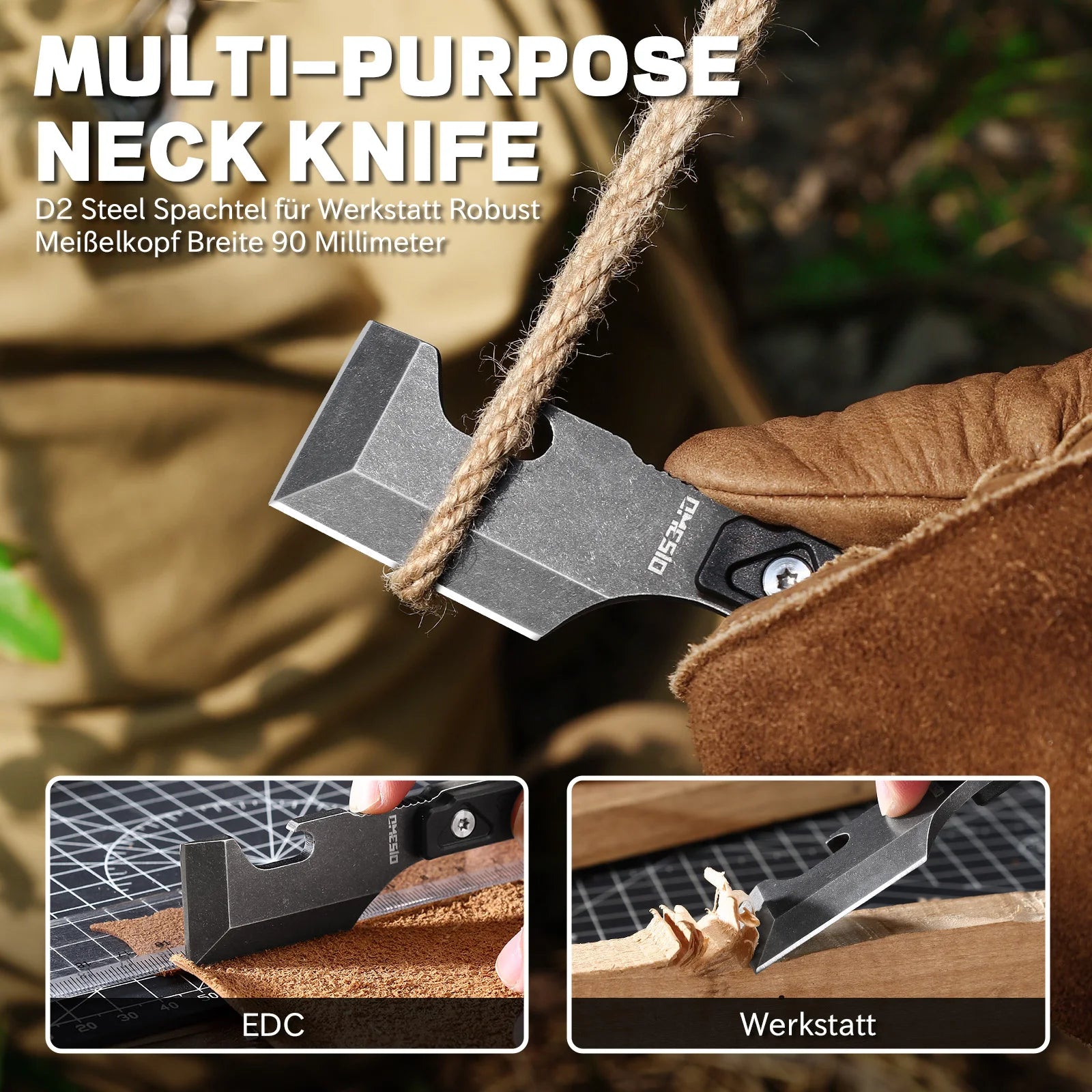 D2 Steel Neck Knife – Full-Tang EDC Multitool with Kydex Sheath