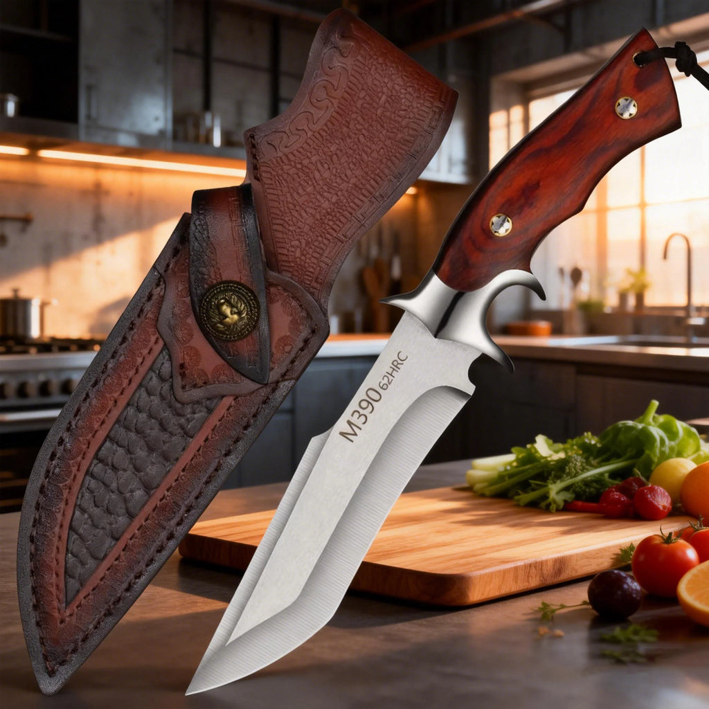 One high-end kitchen knife - a Japanese stainless steel chef's knife with a knife sheath and a wooden handle for slicing meat.