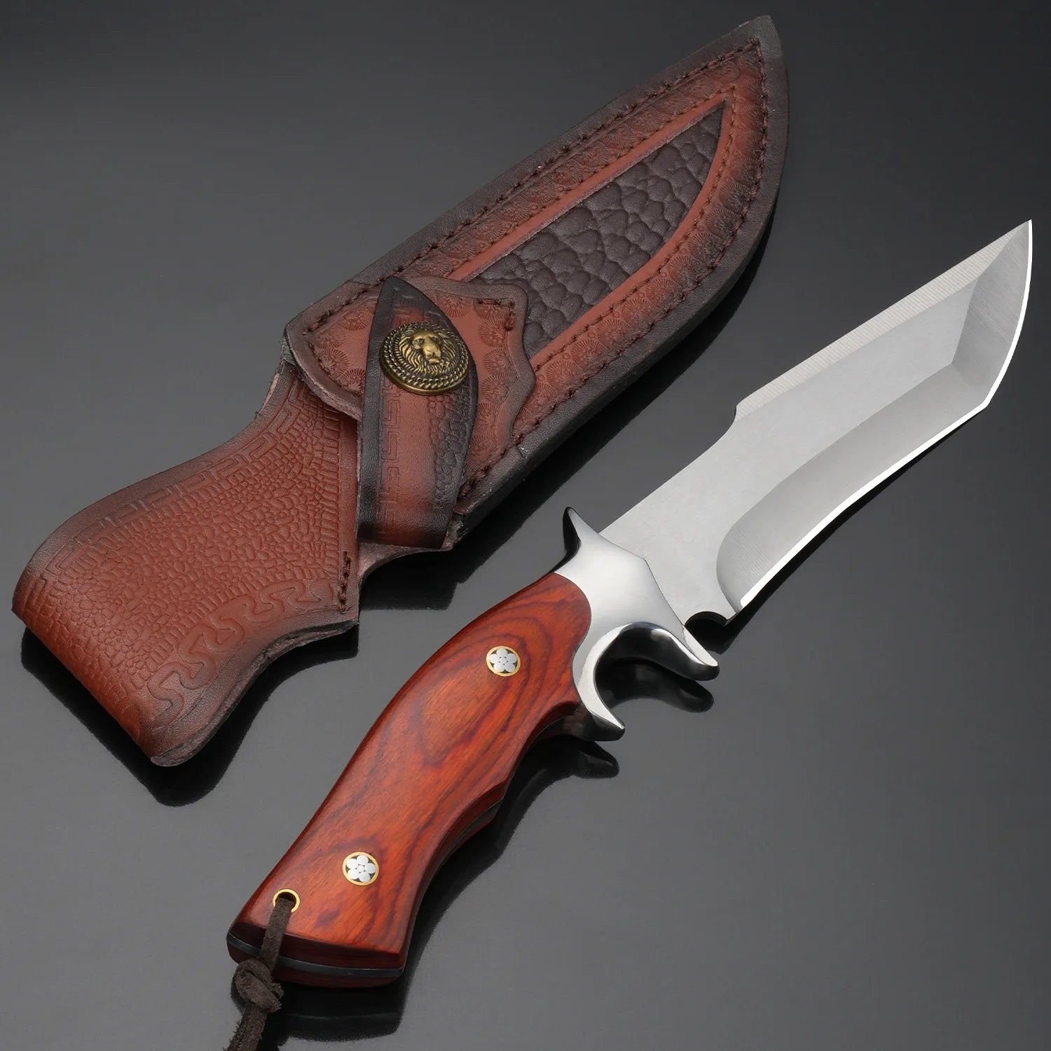 One high-end kitchen knife - a Japanese stainless steel chef's knife with a knife sheath and a wooden handle for slicing meat.