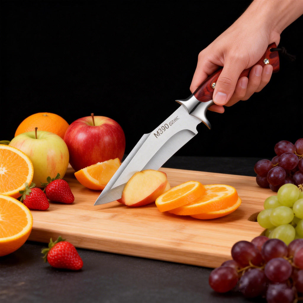 One high-end kitchen knife - a Japanese stainless steel chef's knife with a knife sheath and a wooden handle for slicing meat.