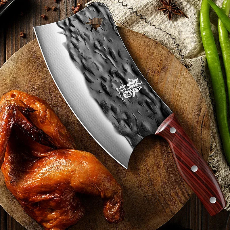 Forged Stainless Steel Bone Cleaver – Scimitar Kitchen Knife, Red Handle