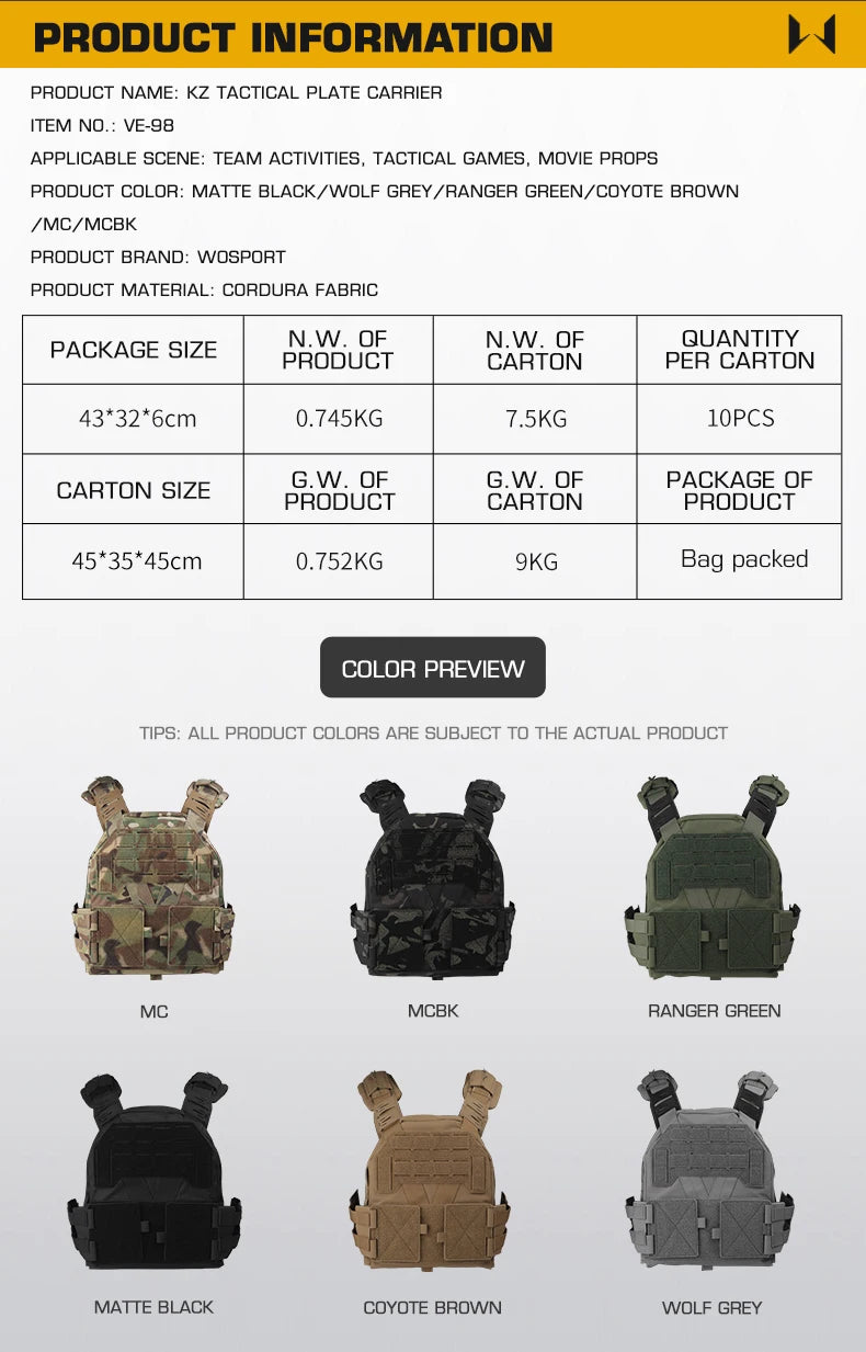 Tacticalplatecarrierhuntingk-zerostyklecomfortlightweightutilitymollek-zbodyvest...