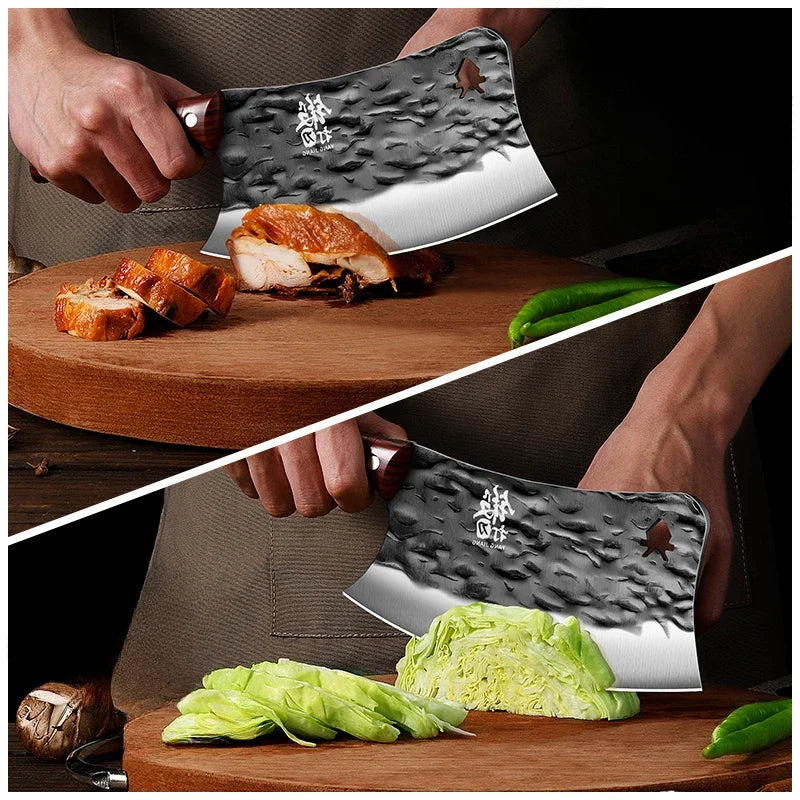 Forged Stainless Steel Bone Cleaver – Scimitar Kitchen Knife, Red Handle