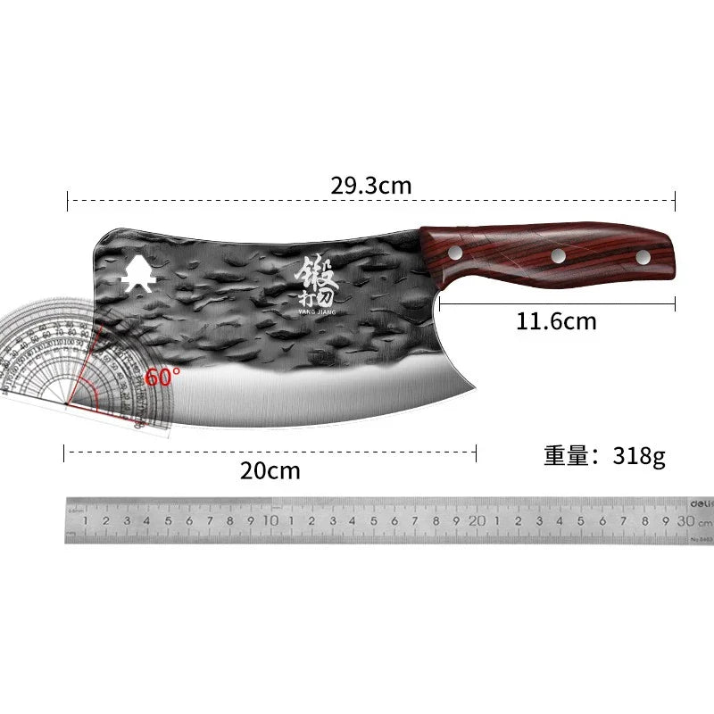 Forged Stainless Steel Bone Cleaver – Scimitar Kitchen Knife, Red Handle