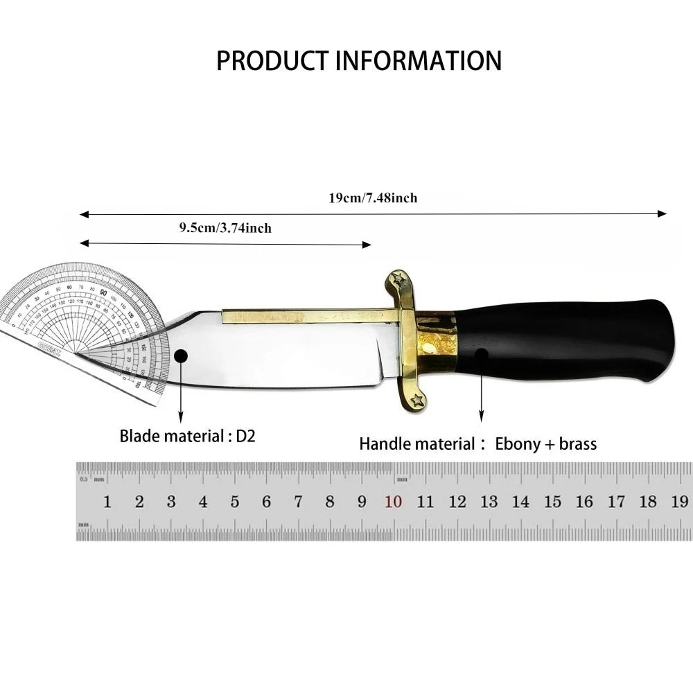 D2 Steel Tactical Fixed Blade Knife – Ebony & Brass Handle with PU Sheath