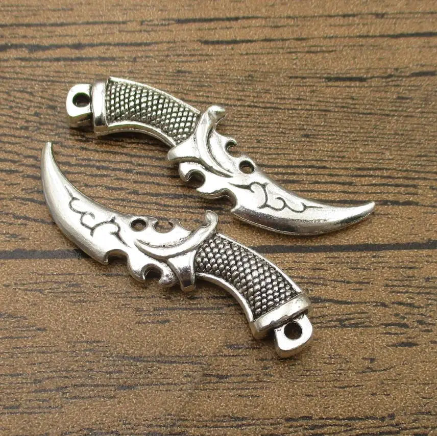 Bulk SALE！15 Sword Charms-50x14mm, Antique Silver Tone,Exquisite Curved Knife Game Product,Double Sided-RS084
