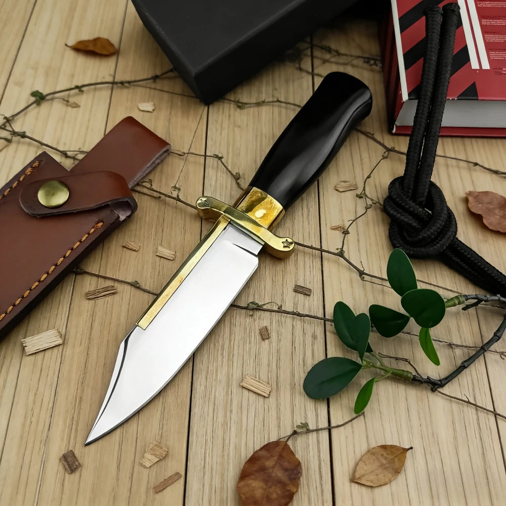 D2 Steel Tactical Fixed Blade Knife – Ebony & Brass Handle with PU Sheath