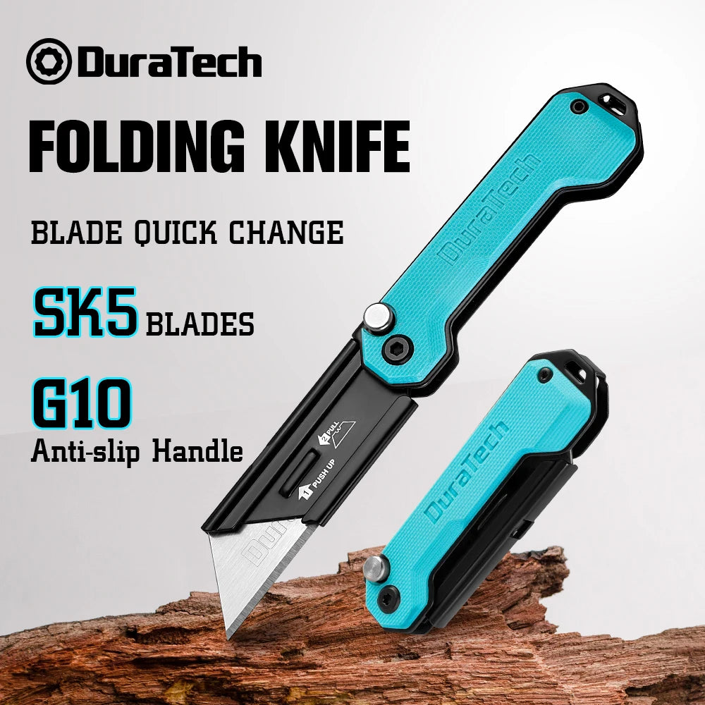 Duratechfoldingutilityknifecompactedcboxcutterwithg10handlebeltclipquickchangebl...