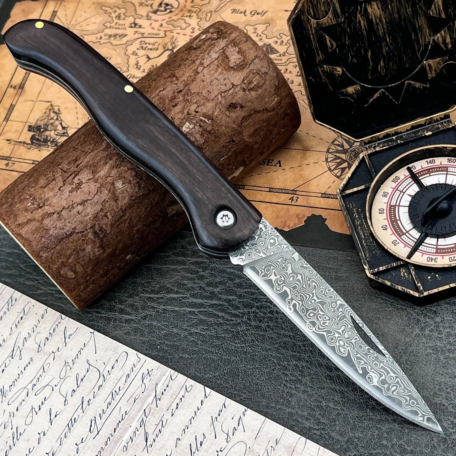 Damascus Folding Knife – Black Walnut Handle