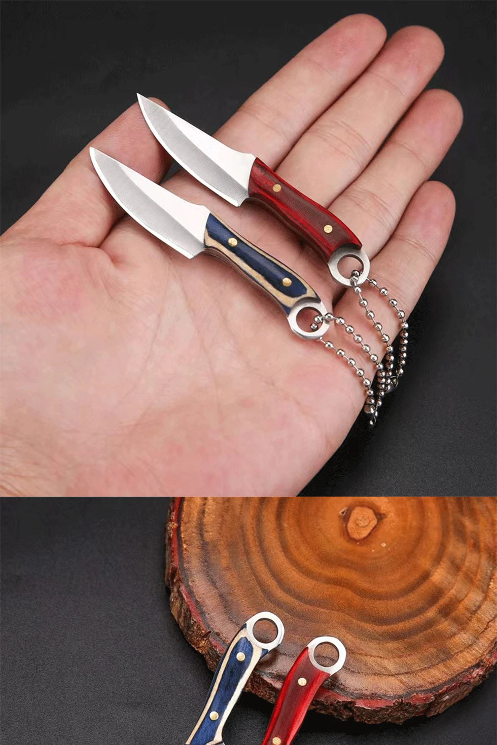 New Mini Ring Colorful Wood Small Straight Knife Small Claw Pocket Keychain Open Box Package Small Gift Artifact
