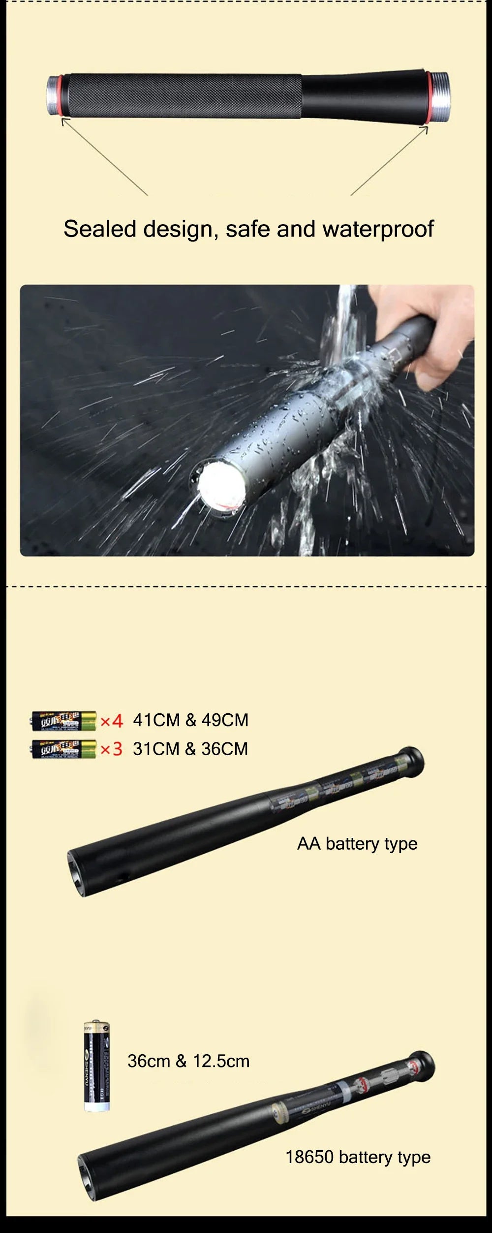 LED Baseball Bat Flashlight Stick – Waterproof Aluminum Alloy Self-Defense Torch